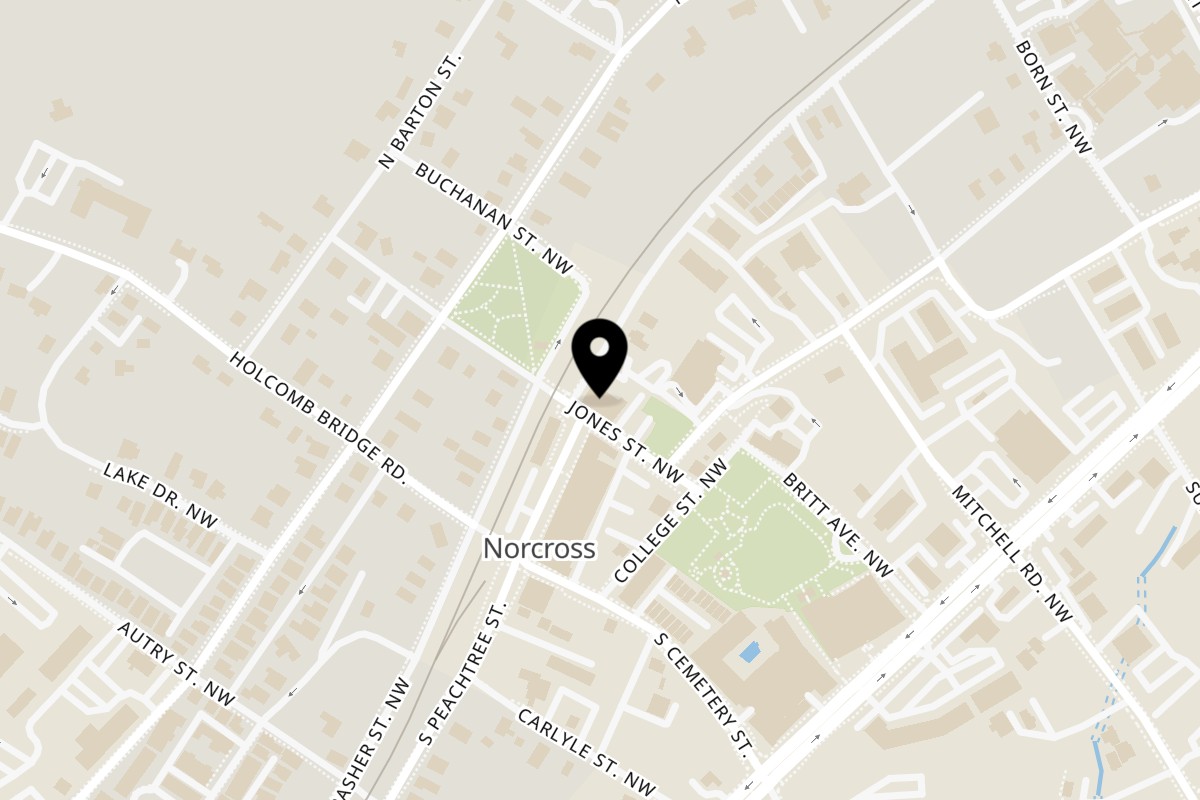 Map showing the location of Zapata Tacos and Tequila Bar on 15 Jones St NW in Norcross